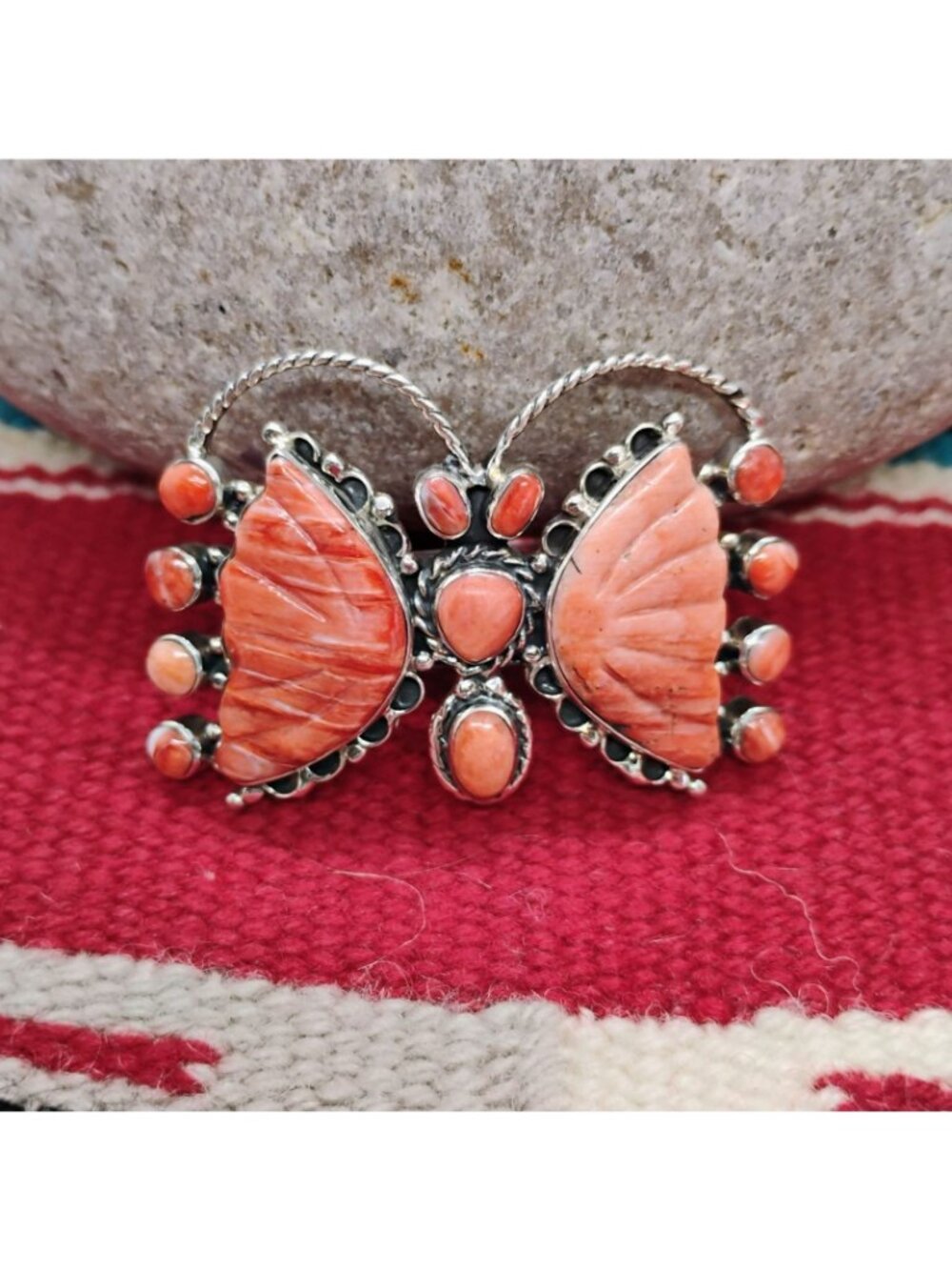 Native Signed CK Sterling Silver Orange Spiny Oyster Butterfly Ring Adjustable - Picture 3 of 10